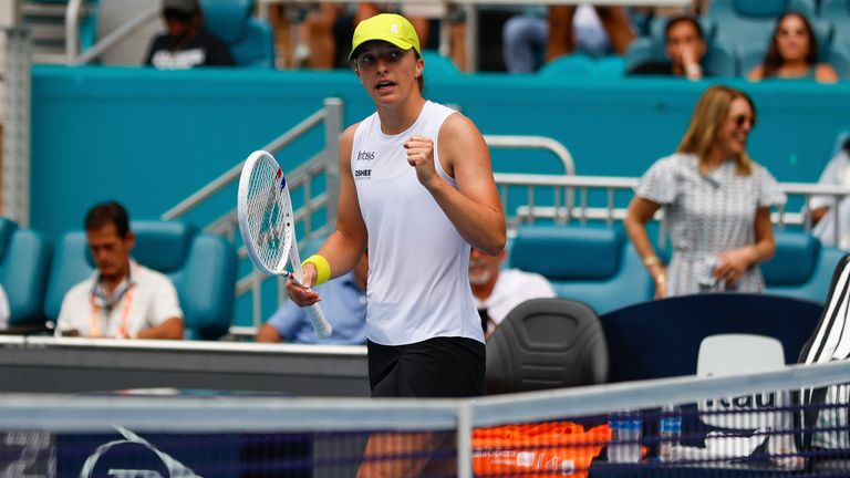 Iga Swiatek (POL) celebrates a win against Elise Mertens (BEL) in a round 3 game played at the Miami Open on March 23, 2025, at Hard Rock Stadium in Miami Gardens, Florida,(Photo by Chris Arjoon/Icon Sportswire) (Icon Sportswire via AP Images)