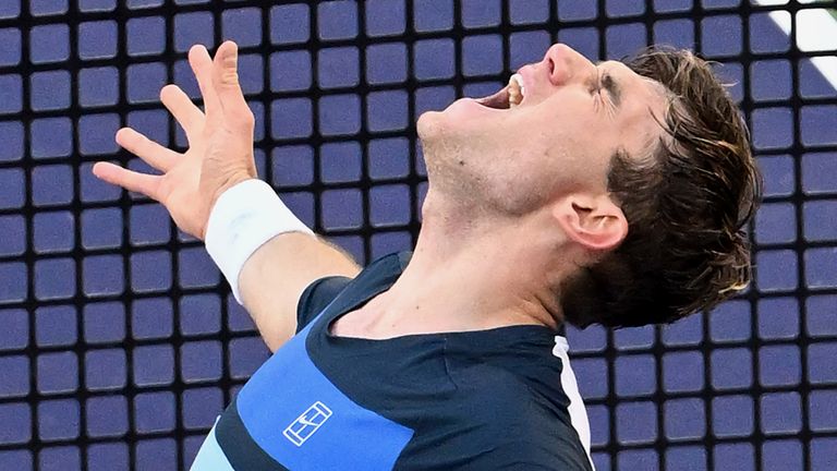 Jack Draper celebrates after beating Carlos Alcaraz in Indian Wells