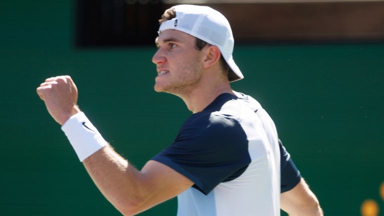 March 10, 2025: Jack Draper (GBR) reacts during his round 3 match against Jenson Brooksby (USA) at the BNP Paribas Open on March 10, 2025, held at the Indian Wells Tennis Garden in Indian Wells, California. (Credit Image: .. Mal Taam/Cal Sport Media) (Cal Sport Media via AP Images)