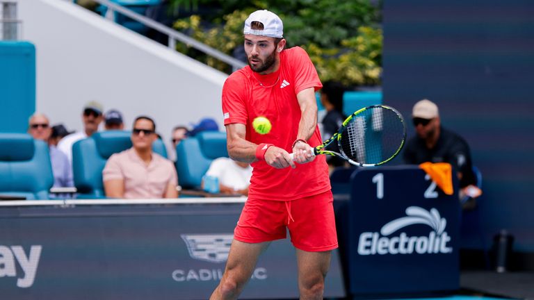 MIAMI GARDENS, FL - MARCH 22: Jacob Fearnley (GBR) in action during a Miami Open match against Alexander Zverev (GER) on March 22, 2025, at Hard Rock Stadium in Miami Gardens, Florida,(Photo by Chris Arjoon/Icon Sportswire) (Icon Sportswire via AP Images)