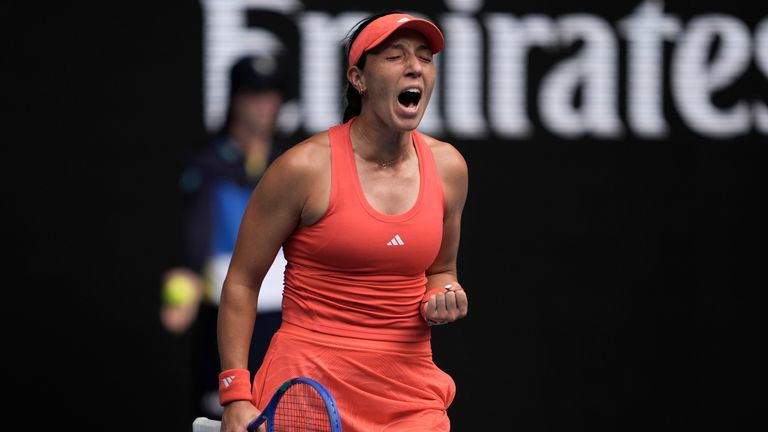 Jessica Peugeot from the United States celebrates the defeat of Elise Mertens from Belgium in the second round match in the Australian Open Tennis Championship in Melbourne, Australia, on Wednesday, 15 January 2025 (AP Photo/NG Han Guan)