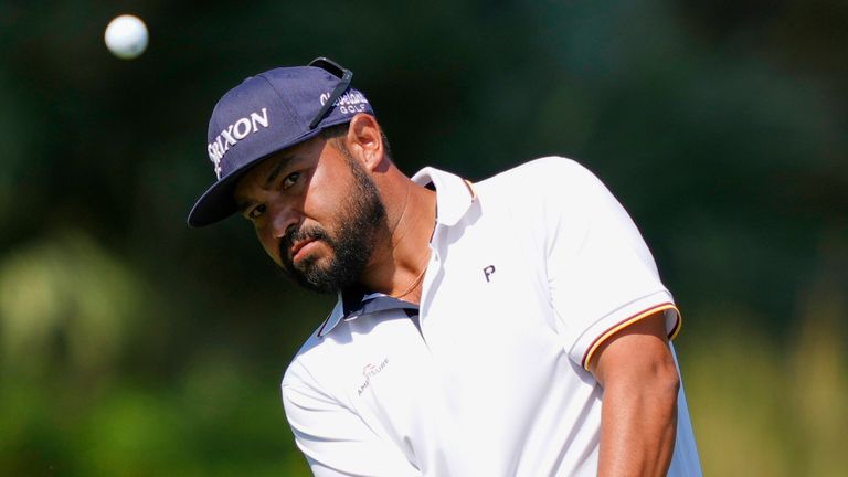 J.J. Spaun hits a chip shot onto the second green during the third round of The Players Championship golf tournament Saturday, March 15, 2025, in Ponte Vedra Beach, Fla. (AP Photo/Julia Demaree Nikhinson)