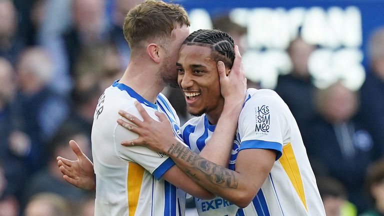 Brighton and Hove Albion's Joao Pedro (right) after the Premier League match at the American Express Stadium, Brighton and Hove. Picture date: Saturday March 8, 2025.