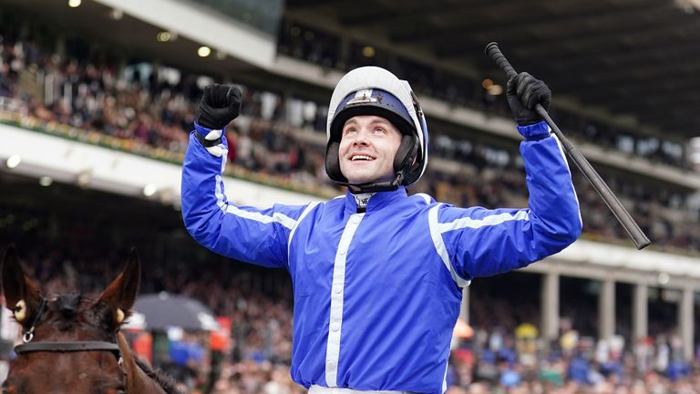Jonjo O'Neill celebrates after riding 100/1 shot Poniros to Triumph Hurdle victory
