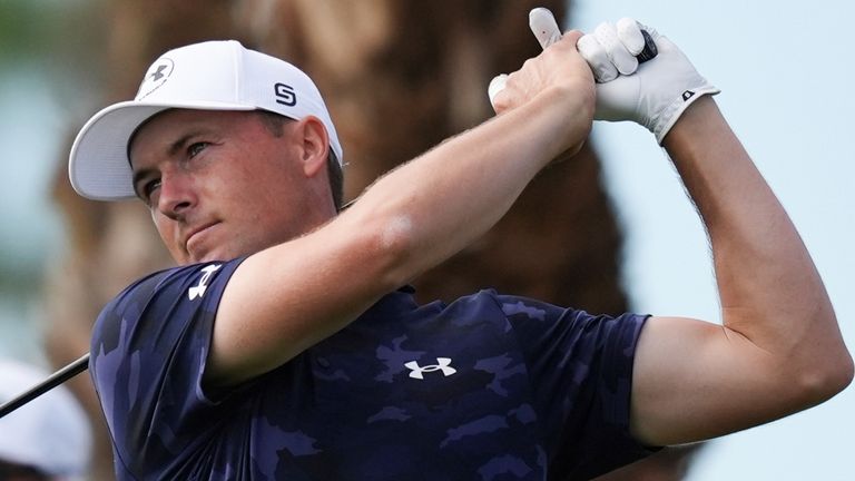 Jordan Spieth tees off on the 18th hole during the first round of the Cognizant Classic golf tournament, Thursday, Feb. 27, 2025, in Palm Beach Gardens, Fla. (AP Photo/Rebecca Blackwell)