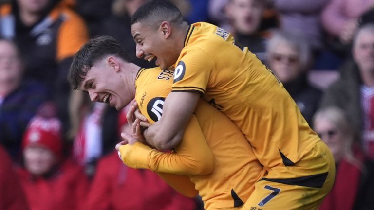 Yorgen Strand Larsen celebrates his second goal of wolves