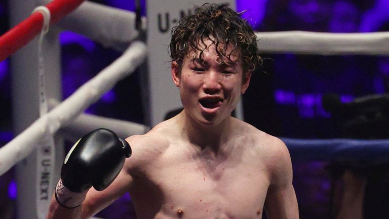 Kenshiro Teraji (Ken Shiro) of Japan reacts after winning WBA, WBC World Flyweight Championship Unification match against Yuri Akui Masago of Japan at Ryogoku Kokugikan in Tokyo on March 13, 2025. Japanese Kenshiro Teraji won the match by TKO to claim the title. ( The Yomiuri Shimbun via AP Images )