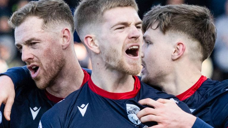 DINGWALL, SCOTLAND - MARCH 01: Ross County's Kieran Phillips (centre) celebrates after scoring to make it 1-0 during a William Hill Premiership match between Ross County and Kilmarnock at the Global Energy Stadium, on March 01, 2025, in Dingwall, Scotland. (Photo by Paul Devlin / SNS Group)