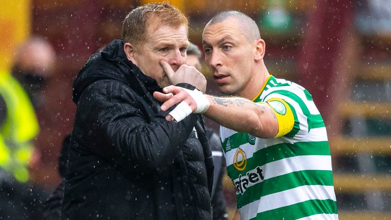 MOTHERWELL, SCOTLAND - NOVEMBER 08:  Celtic Manager Neil Lennon and Scott Brown during the Scottish Premiership match between Motherwell and Celtic at Fir Park on November 08, 2020, in Motherwell, Scotland. (Photo by Craig Williamson / SNS Group)