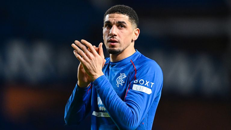 GLASGOW, SCOTLAND - JANUARY 15: Rangers' Leon Balogun applauds fans at full time during a William Hill Premiership match between Rangers and Aberdeen at Ibrox Stadium, on January 15, 2025, in Glasgow, Scotland.  (Photo by Rob Casey / SNS Group)