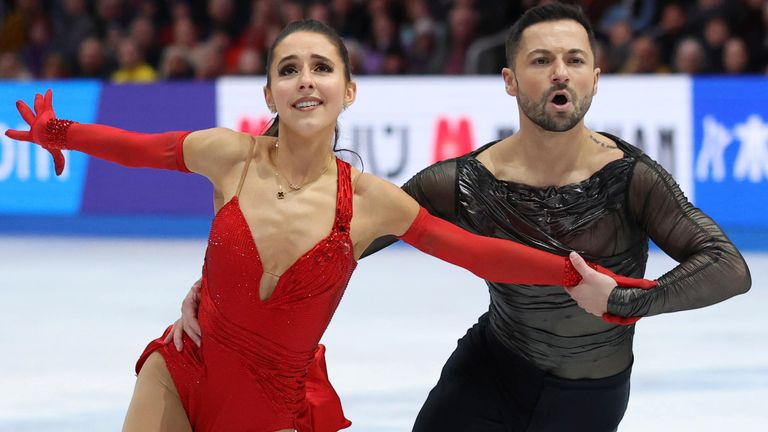 Lilah FEAR and Lewis GIBSON of Great Britain perform during the free dance program in the ice dance at the ISU World Figure Skating Championships at the TD Garden in Boston, MA, the United States of America, on March 29, 2025. ( The Yomiuri Shimbun via AP Images )