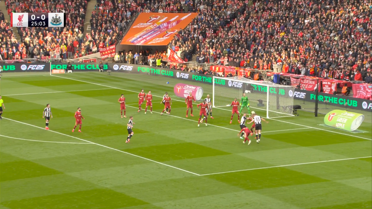 Liverpool were twice warned by Newcastle about the aerial mismatch between Dan Burn and Alexis Mac Allister - shown here and below winning his first two headers at corners against the Argentine - before he netted the opener