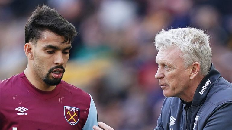 West Ham United manager David Moyes speaks to Lucas Paqueta from the touchline during the Premier League match at Molineux, Wolverhampton. Picture date: Saturday April 6, 2024.