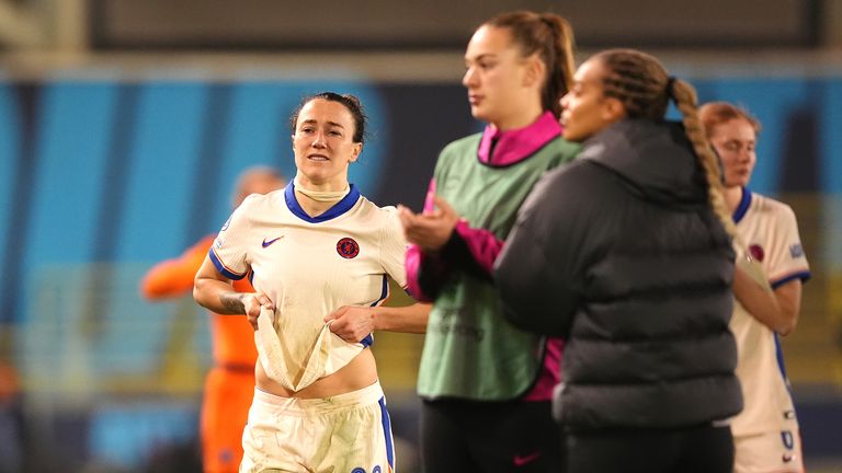 Chelsea defender Lucy Bronze reacts after the 2-0 defeat to Man City