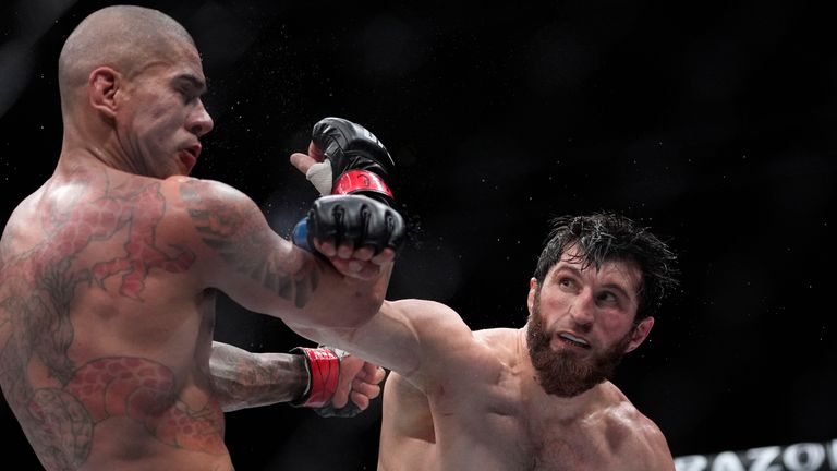 Magomed Ankalaev hits Alex Pereira during a UFC 313 mixed martial arts light heavyweight title bout Saturday, March 8, 2025, in Las Vegas. (AP Photo/John Locher)