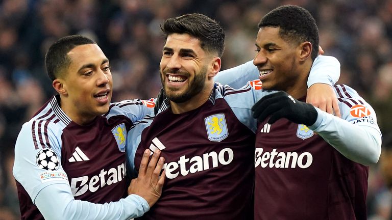 Marco Asensio celebrates with Youri Tielemens and Marcus Rashford after scoring against Club Brugge