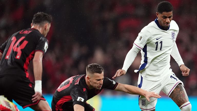 Marcus Rashford goes with the ball in the World Cup qualification in England against Albania