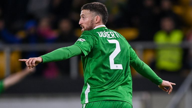 Plovdiv , Bulgaria - 20 March 2025; Matt Doherty of Republic of Ireland celebrates after scoring his side's second goal during the UEFA Nations League B/C Play-off 1st Leg match between Bulgaria and Republic of Ireland at Hristo Botev Stadium in Plovdiv, Bulgaria. (Photo By Stephen McCarthy/Sportsfile via Getty Images)