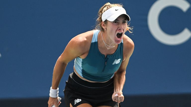 July 30, 2021, Washington, DC, SH.BA: McCartney Kessler reacts to win a key point during her loss to Marie Bouzkova at Rock Creek Tennis Center. (Cal Sport Media through AP Images)