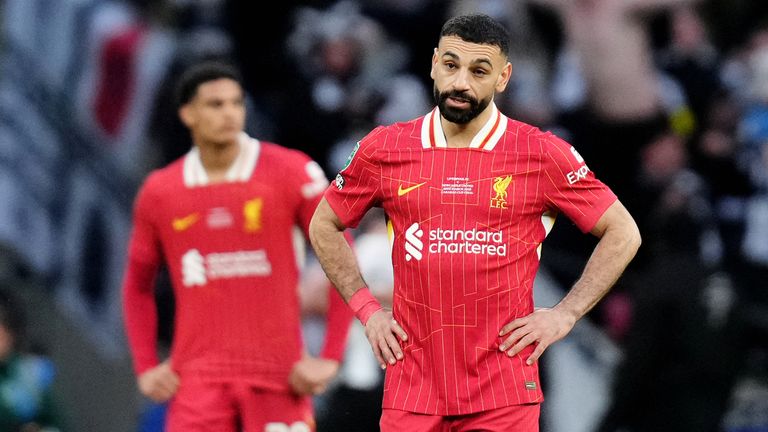 Mohamed Salah looks dejected after Liverpool concede a second goal