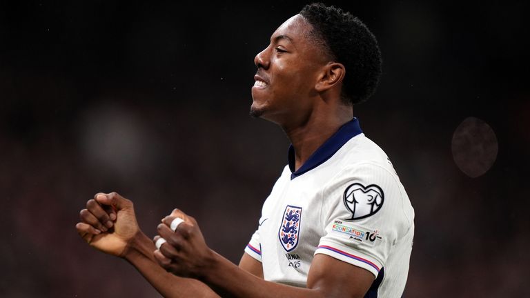 England's Myles Lewis-Skelly celebrates scoring their side's first goal of the game during the 2026 FIFA World Cup Qualifying, Group K match at Wembley