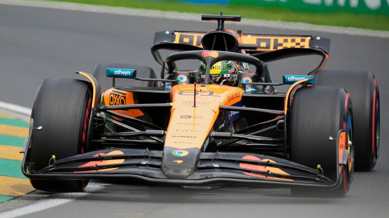 McLaren driver Oscar Pastari from Australia directs his car during the third training session in the Grand Prix in Formula One in Albert Park, in Melbourne, Australia, Saturday, 15 March 2025 (AP Photo/Asnka Brendon Ratnayake)