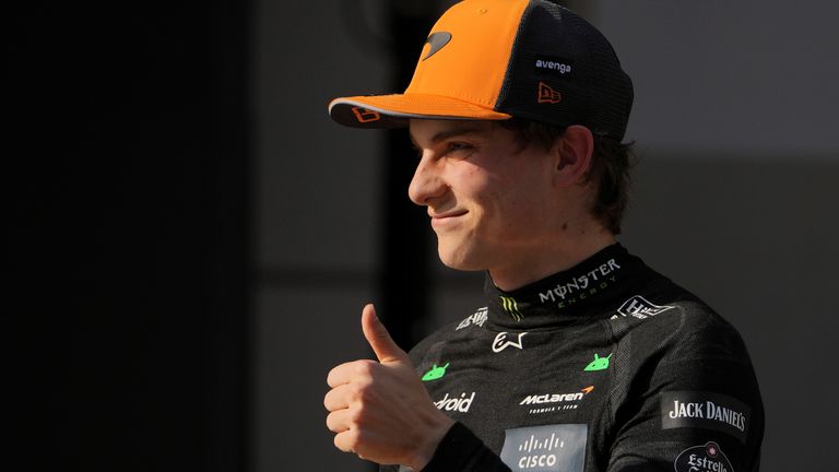McLaren driver Oscar Piastri of Australia celebrates his pole position after qualifying session for the Chinese Formula One Grand Prix at the Shanghai International Circuit, Shanghai, Saturday, March 22, 2025. (AP Photo/Andy Wong)
