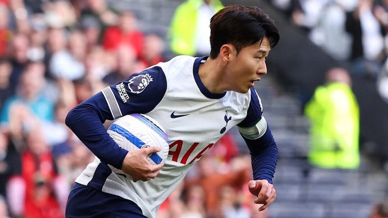 Heung-Min Son runs the ball back to the halfway line after scoring Spurs' equaliser from the penalty spot