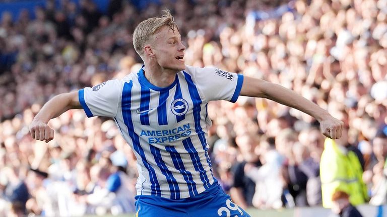 Jan Paul van Hecke celebrates after equalising for Brighton against Fulham