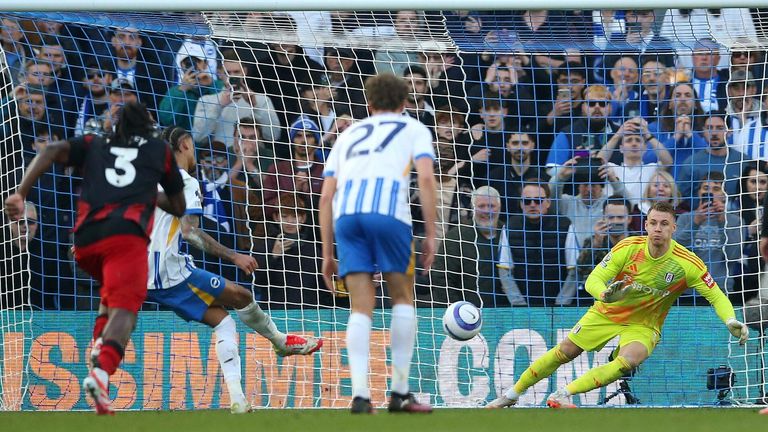 Joao Pedro scores an injury time penalty to put Brighton 2-1 up against Fulham