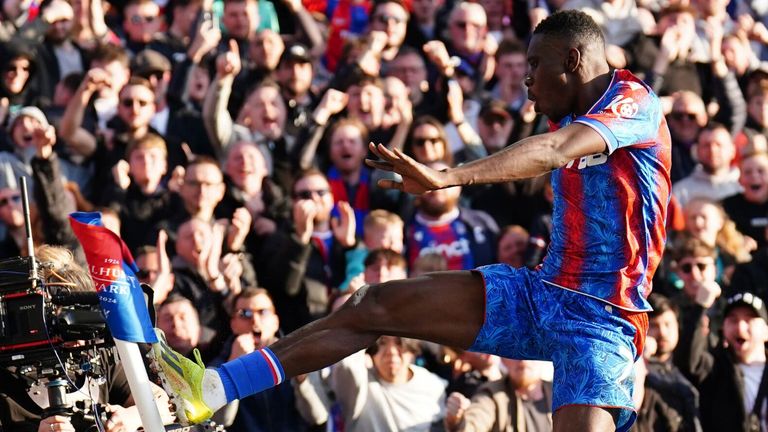 Ismaila Sarr celebrates after giving Crystal Palace a second-half lead against Ipswich