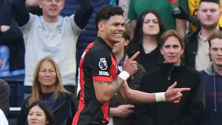 Evanilson celebrates after doubling Bournemouth's lead at Spurs