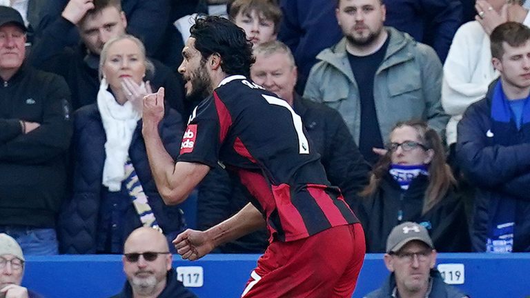 Raul Jimenez celebrates after givng Fulham a first-half lead at Brighton