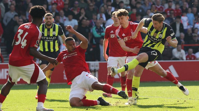 Kevin De Bruyne fires an effort over the Nottingham Forest crossbar