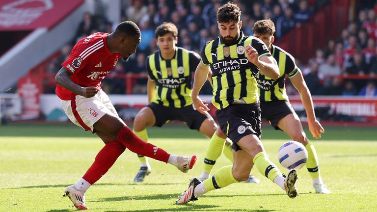 Callum Hudson-Odoi scores to give Nottingham Forest the lead against Manchester City