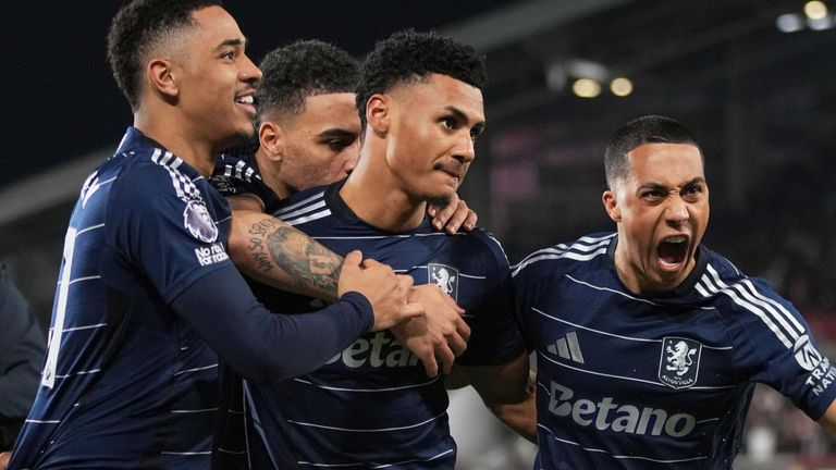Ollie Watkins is congratulatedby his team-mates after giving Aston Villa the lead at Brentford