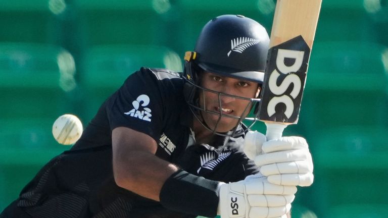 New Zealand's Rachin Ravindra plays a shot during the ICC Champions Trophy semifinal cricket match between New Zealand and South Africa at Gaddafi Stadium in Lahore, Pakistan, Wednesday, March 5, 2025. (AP Photo/K.M Chaudary)