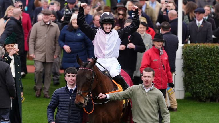 Rachael Blackmore celebrates her seventeenth Cheltenham Festival winner, this time aboard Il Est Francais