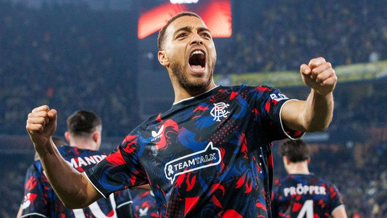 Rangers&#39; Cyriel Dessers celebrates his opener against Fenerbahce