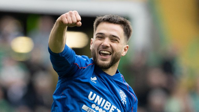 GLASGOW, SCOTLAND - MARCH 16: Rangers Nicolas Raskin celebrates scoring to make it 1-0 during a William Hill Premiership match between Celtic and Rangers at Celtic Park, on March 16, 2025, in Glasgow, Scotland.  (Photo by Alan Harvey / SNS Group)