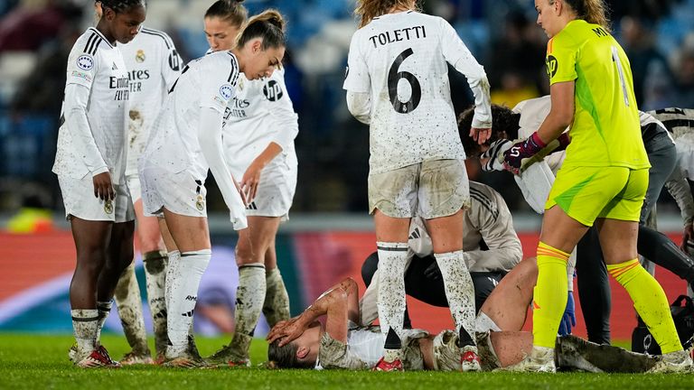 Melanie Leupolz of Real Madrid gets injured during the UEFA Women's Champions League Quarter Final first leg