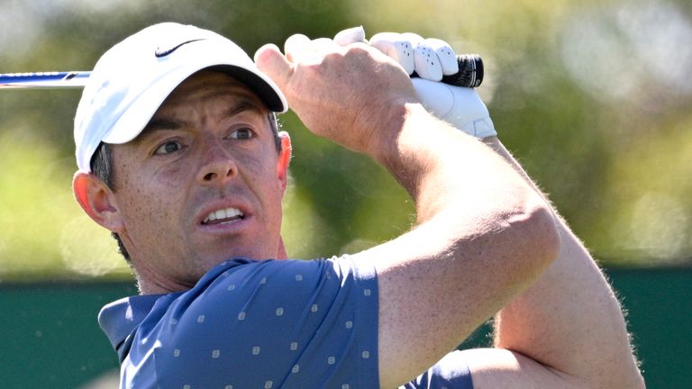 Rorre McLeroi, from Northern Ireland, holds on the seventh hole during the second round of the Arnold Palmer Championship in Bay Hill Golf, Friday, March 7, 2025, in Orlando, Florida. 