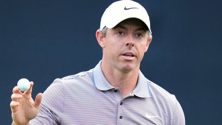Rory McIlroy, of Northern Ireland, reacts after completing the 18th hole during the final round of The Players Championship golf tournament Sunday, March 16, 2025, in Ponte Vedra Beach, Fla. (AP Photo/Chris O'Meara)
