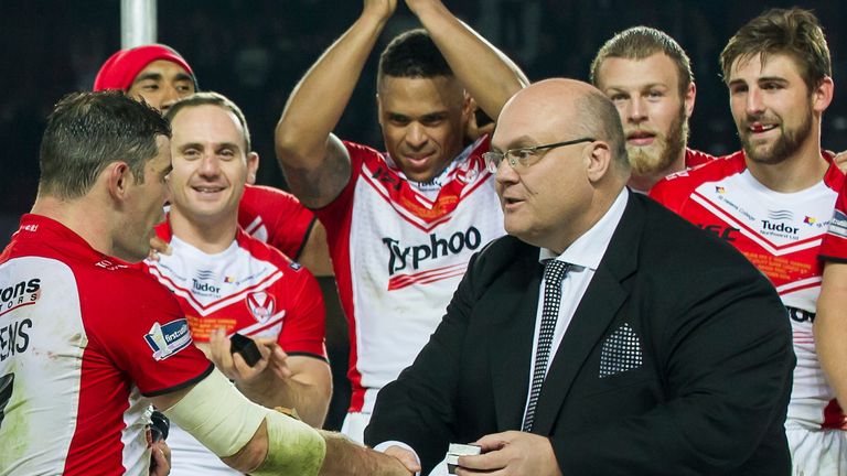 Picture by Allan McKenzie/SWpix.com - 11/10/2014 - Rugby League - First Utility Super League Grand Final - St Helens v Wigan Warriors - Old Trafford, Manchester, England - RFL's Nigel Wood congratulates St Helens's Paul Wellens on their victory.