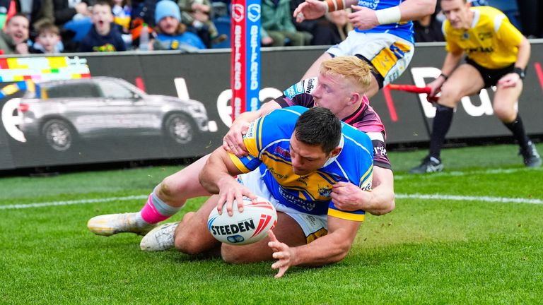 Ryan Hall scored one of four Rhinos second-half tries in a thumping win