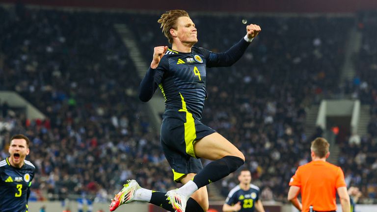 PIRAEUS, GREECE - MARCH 20: Scotland's Scott McTominay celebrates scoring a penalty to make it 1-0 during a UEFA Nations League 2024/25 League A/B Play-Off First Leg match between Greece and Scotland at Stadio Georgios Karaiskakis, on March 20, 2025, in Piraeus, Greece. (Photo by Craig Williamson / SNS Group)