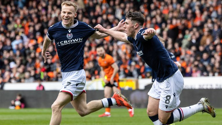 Dundee's Scott Tiffoney (L) celebrates scoring to make it 2-0