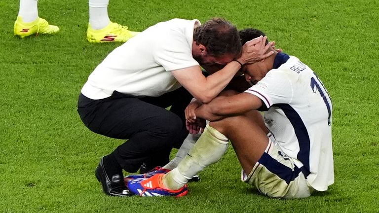 Gareth Southgate consoles Jude Bellingham after England lost in the Euros final to Spain