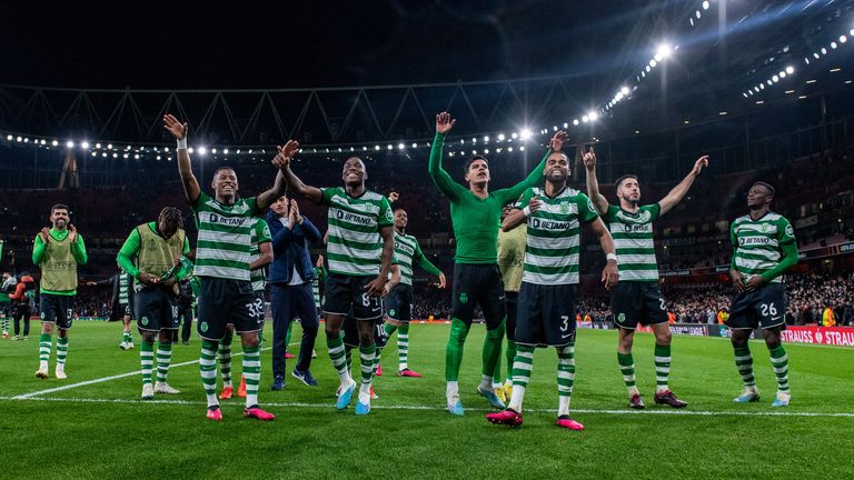 Pedro Goncalves, Arthur Gomes, Dario Essugo, Jerry St. Juste of Sporting CP celebrate after winning the UEFA Europa League round of 16 leg two match between Arsenal FC and Sporting CP at Emirates Stadium on March 16, 2023 in London, United Kingdom.