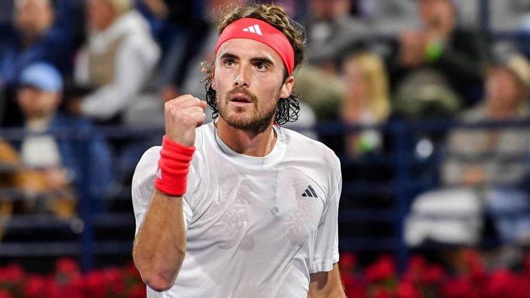 Greece's Stefanos Tsitsipas reacts during the the final match of the ATP Dubai Duty Free Tennis Championship against Canada's Felix Auger Aliassime in Dubai on March 1, 2025. (Photo by Ryan LIM / AFP)